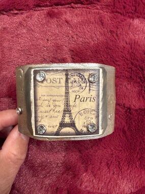 Paris Eiffel Tower Wide Cuff Bracelet in silver.  Leather band with snaps.